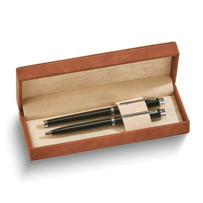 Elegant Black Pen Set With Brown Leather Box
