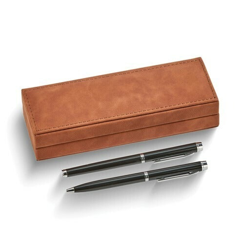 Elegant Black Pen Set With Brown Leather Box