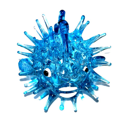 2" Hand Blown Glass Light Blue Puffer Fish Figurine Miniature Collectible
