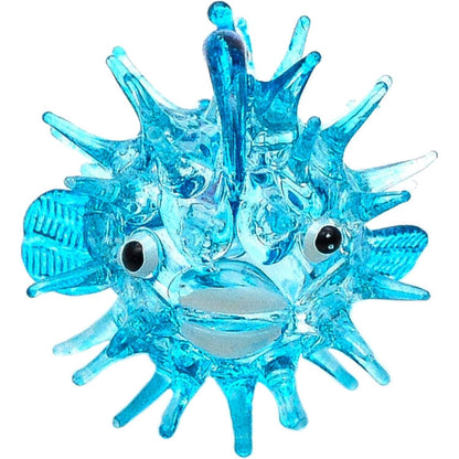 2" Hand Blown Glass Light Blue Puffer Fish Figurine Miniature Collectible