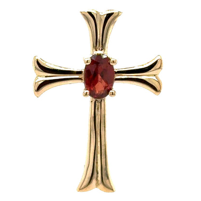 14K Yellow Gold Garnet Gemstone Cross Pendant 1.3g