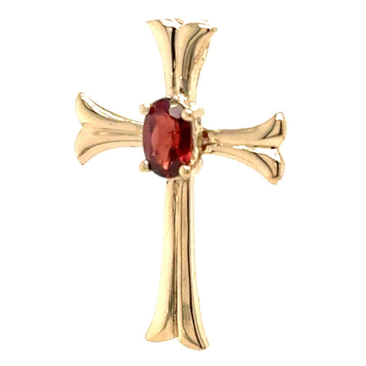 14K Yellow Gold Garnet Gemstone Cross Pendant 1.3g
