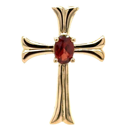 14K Yellow Gold Garnet Gemstone Cross Pendant 1.3g