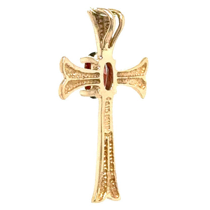 14K Yellow Gold Garnet Gemstone Cross Pendant 1.3g