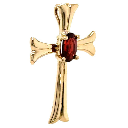 14K Yellow Gold Garnet Gemstone Cross Pendant 1.3g