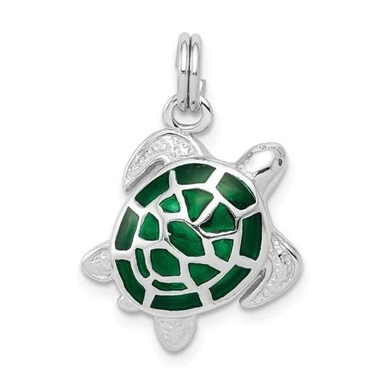 Sterling Silver Rhodium-Plated Green Enamel Turtle Pendant Charm 925