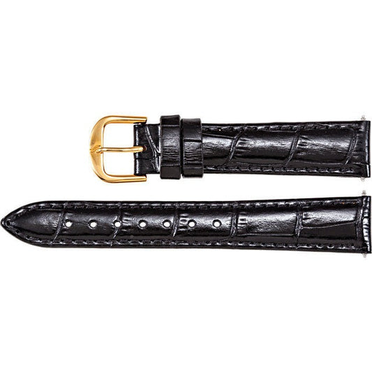Ladies 16 mm Regular Black Leather Alligator Grain Padded Strap Band