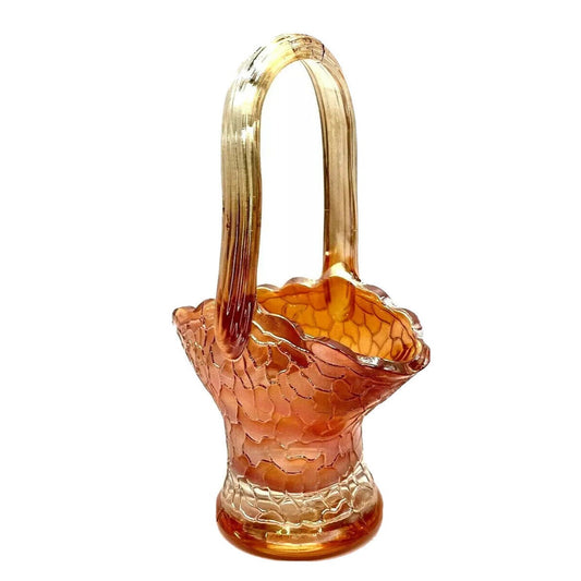 Carnival Glass Iridescent Marigold Basket With Handle Crackle Design 6.5" Tall Vintage Decorative Piece