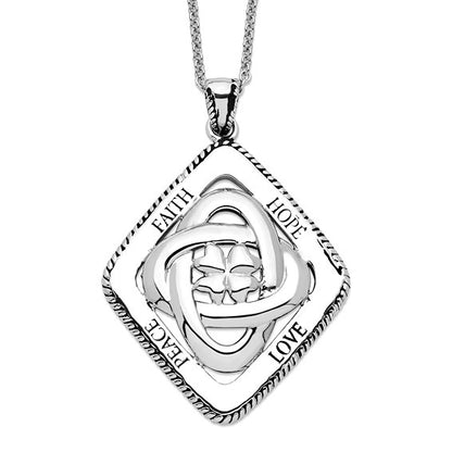 Sentimental Expressions Sterling Silver Rhodium-Plated Faith Hope Love Peace Pendant Necklace 18" With Gift Box