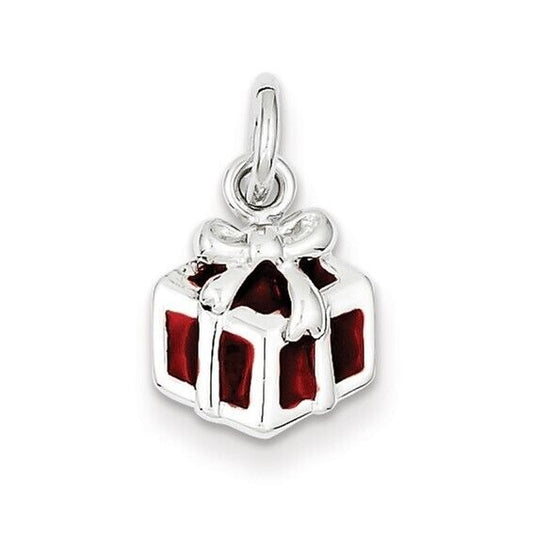 Sterling Silver Enameled Gift Box Charm 925 Red & Silver 16mm Pendant For Bracelets Or Necklaces