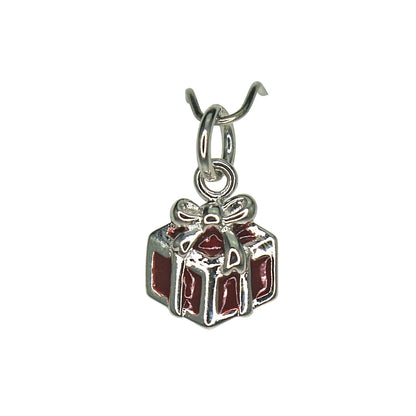 Sterling Silver Enameled Gift Box Charm 925 Red & Silver 16mm Pendant For Bracelets Or Necklaces