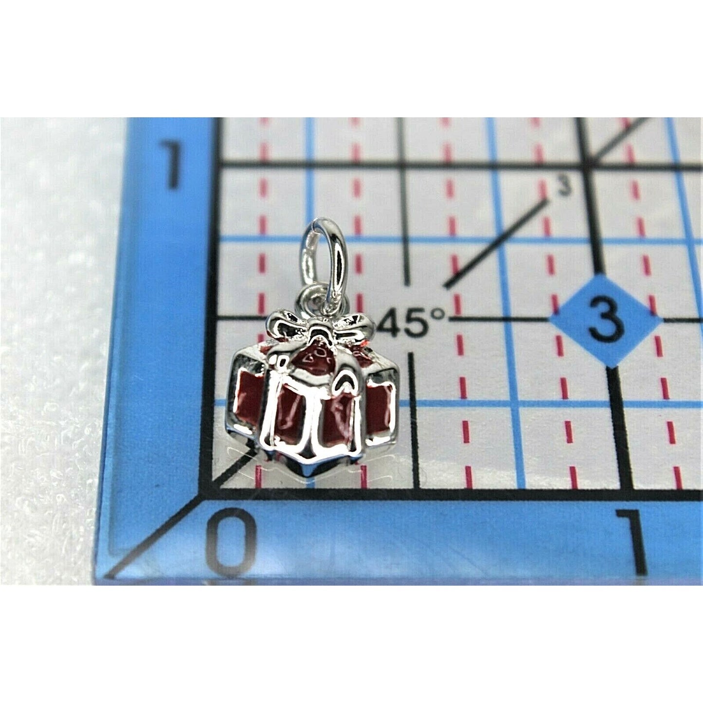 Sterling Silver Enameled Gift Box Charm 925 Red & Silver 16mm Pendant For Bracelets Or Necklaces