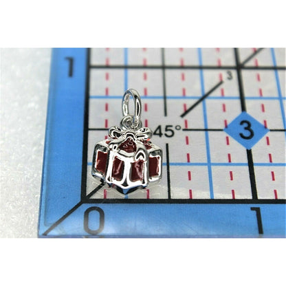 Sterling Silver Enameled Gift Box Charm 925 Red & Silver 16mm Pendant For Bracelets Or Necklaces