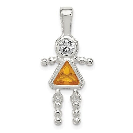 Sterling Silver Rhodium CZ and Birthstone Yellow November Glass Girl Pendant