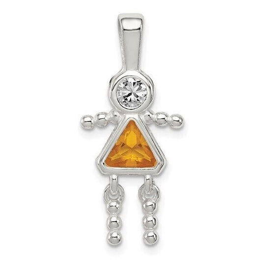 Sterling Silver Rhodium CZ and Birthstone Yellow November Glass Girl Pendant