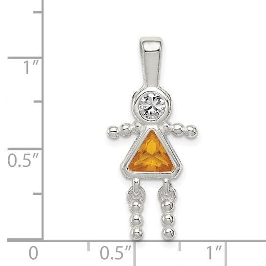 Sterling Silver Rhodium CZ and Birthstone Yellow November Glass Girl Pendant