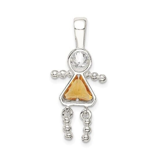 Sterling Silver Rhodium CZ and Birthstone Yellow November Glass Girl Pendant