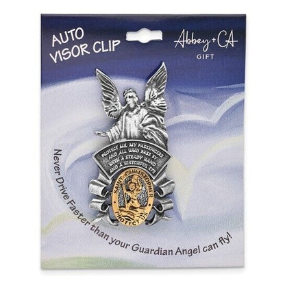 Pewter Finish and Gold-tone St Christopher and Guardian Angel Visor Clip