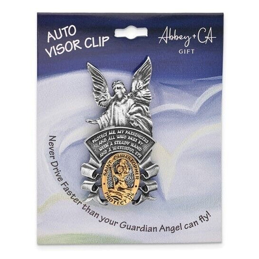 Pewter Finish and Gold-tone St Christopher and Guardian Angel Visor Clip