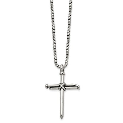 Chisel Stainless Steel Antiqued Polished Cross of Nails Pendant 22in Box Chain