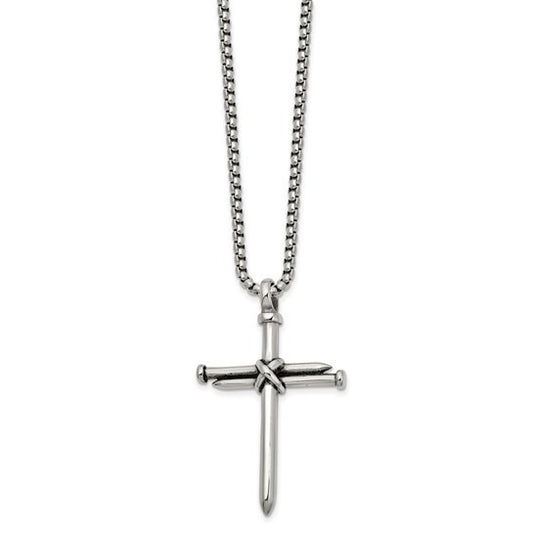 Chisel Stainless Steel Antiqued Polished Cross of Nails Pendant 22in Box Chain