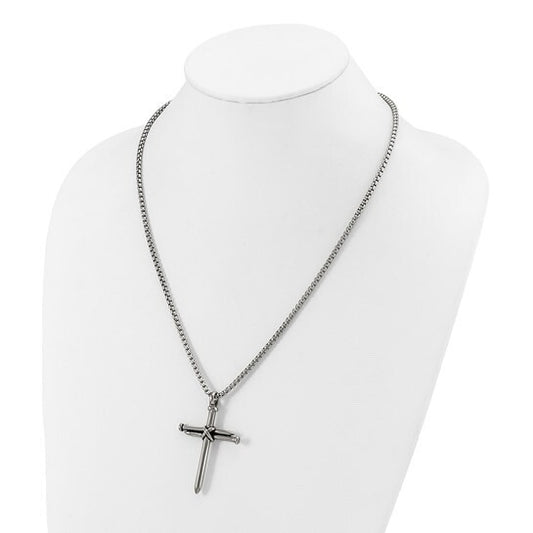 Chisel Stainless Steel Antiqued Polished Cross of Nails Pendant 22in Box Chain