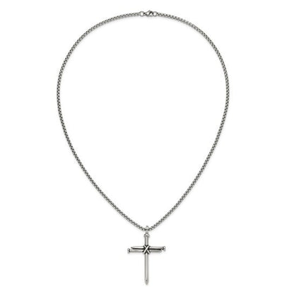 Chisel Stainless Steel Antiqued Polished Cross of Nails Pendant 22in Box Chain
