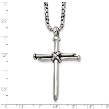 Chisel Stainless Steel Antiqued Polished Cross of Nails Pendant 22in Box Chain