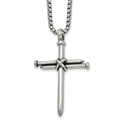 Chisel Stainless Steel Antiqued Polished Cross of Nails Pendant 22in Box Chain