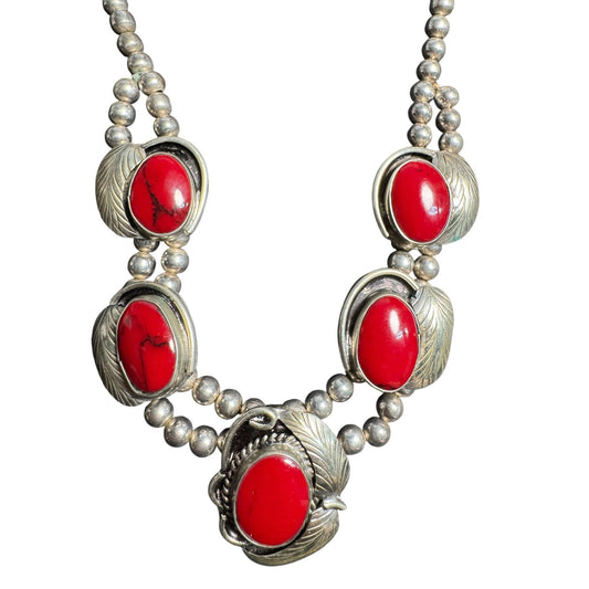Vintage Sterling Silver Southwest Style Red Howlite Double Strand Statement Necklace 77.8g