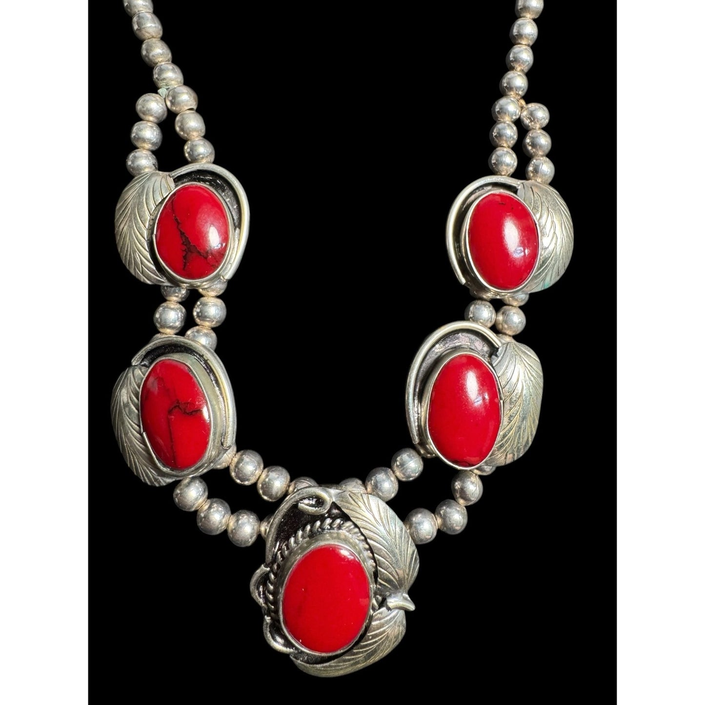 Vintage Sterling Silver Southwest Style Red Howlite Double Strand Statement Necklace 77.8g
