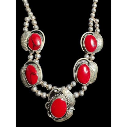 Vintage Sterling Silver Southwest Style Red Howlite Double Strand Statement Necklace 77.8g