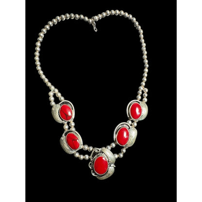 Vintage Sterling Silver Southwest Style Red Howlite Double Strand Statement Necklace 77.8g