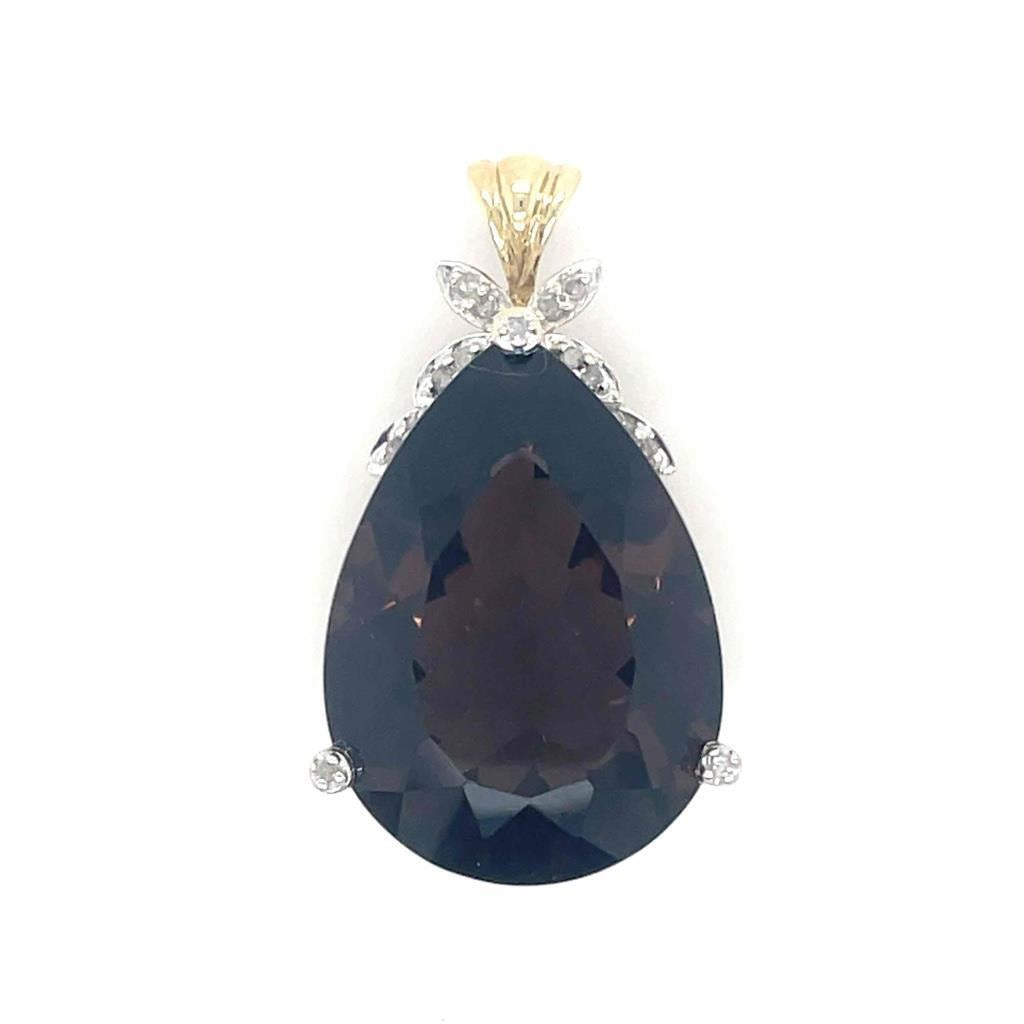 Smokey Quartz & Diamond Pendant Solid 10k Yellow Gold 9.0g