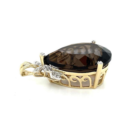 Smokey Quartz & Diamond Pendant Solid 10k Yellow Gold 9.0g