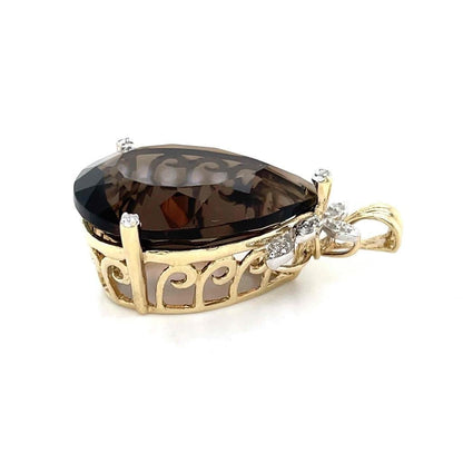 Smokey Quartz & Diamond Pendant Solid 10k Yellow Gold 9.0g