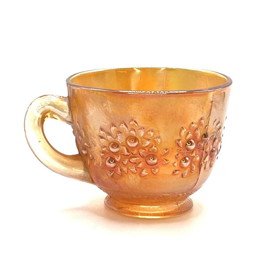 Vintage Carnival Glass Cup Iridescent Marigold Flower Pattern