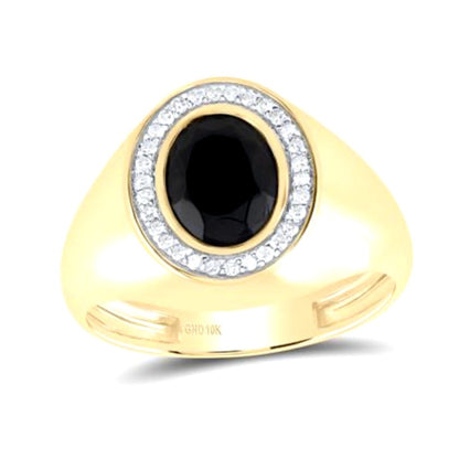 10K Yellow Gold Black Onyx & Diamond Mens Ring Oval 9X7mm 1/6 Ctw Size 10