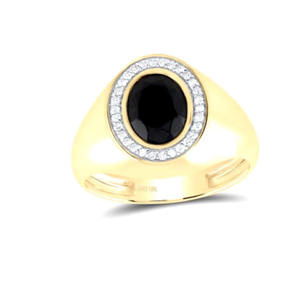 10K Yellow Gold Black Onyx & Diamond Mens Ring Oval 9X7mm 1/6 Ctw Size 10