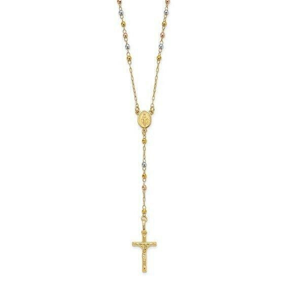 14K Tri-Color Gold Polished Faceted Beads 24-Inch Rosary Necklace