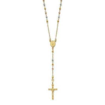 14K Tri-Color Gold Polished Faceted Beads 24-Inch Rosary Necklace