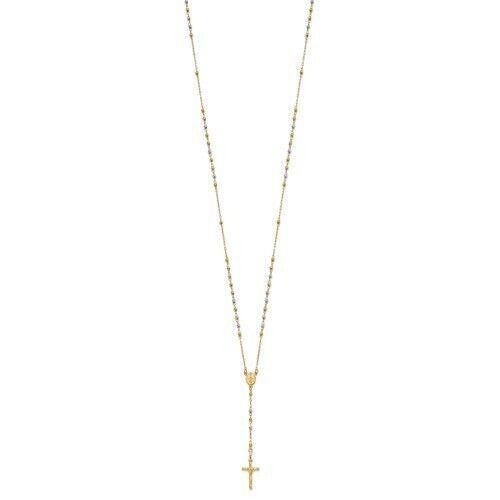 14K Tri-Color Gold Polished Faceted Beads 24-Inch Rosary Necklace