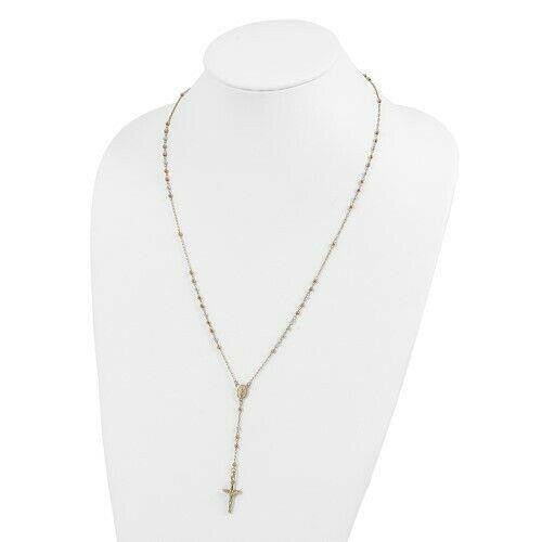 14K Tri-Color Gold Polished Faceted Beads 24-Inch Rosary Necklace