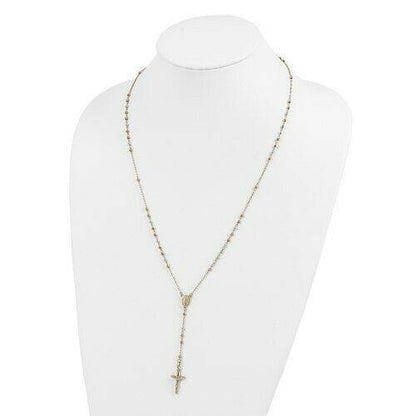 14K Tri-Color Gold Polished Faceted Beads 24-Inch Rosary Necklace