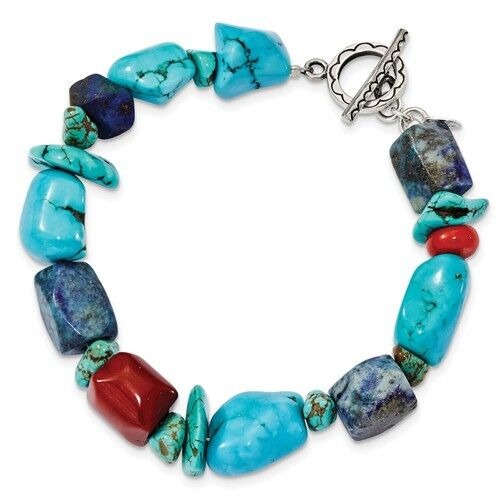 Sterling Silver Red Coral Howlite Lapis Turquoise 8 in Long Bracelet