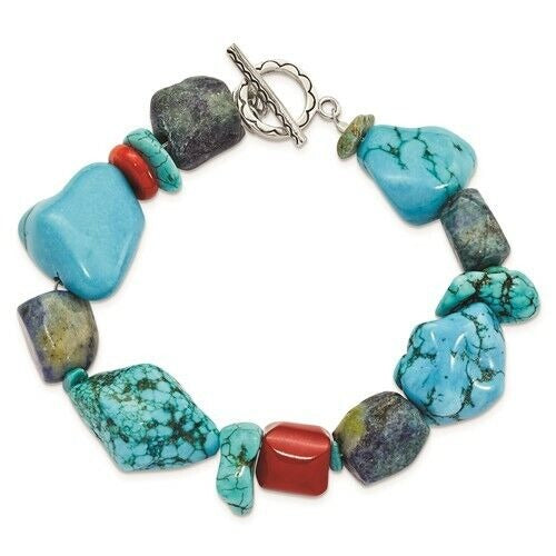 Sterling Silver Red Coral Howlite Lapis Turquoise 8 in Long Bracelet