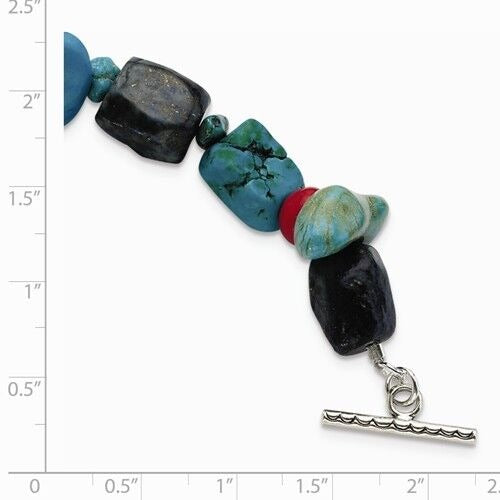 Sterling Silver Red Coral Howlite Lapis Turquoise 8 in Long Bracelet