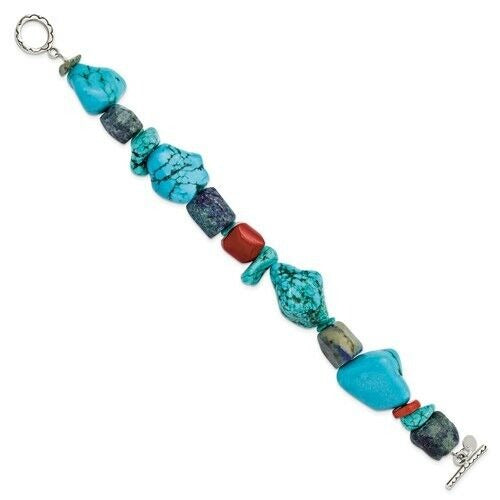 Sterling Silver Red Coral Howlite Lapis Turquoise 8 in Long Bracelet
