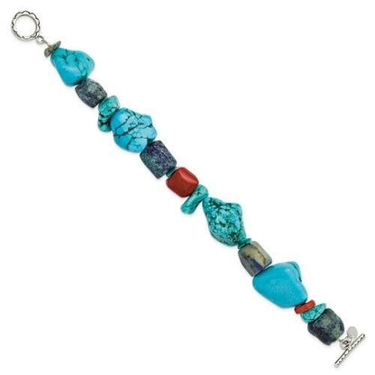 Sterling Silver Red Coral Howlite Lapis Turquoise 8 in Long Bracelet