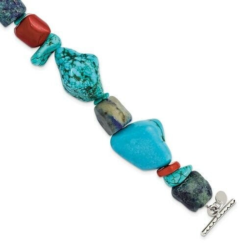 Sterling Silver Red Coral Howlite Lapis Turquoise 8 in Long Bracelet
